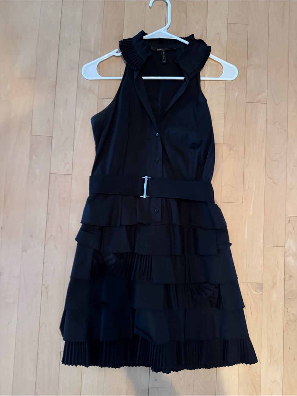 BCBGMaxAzria Black Sleeveless Tiered Ruffle Dress with Belt